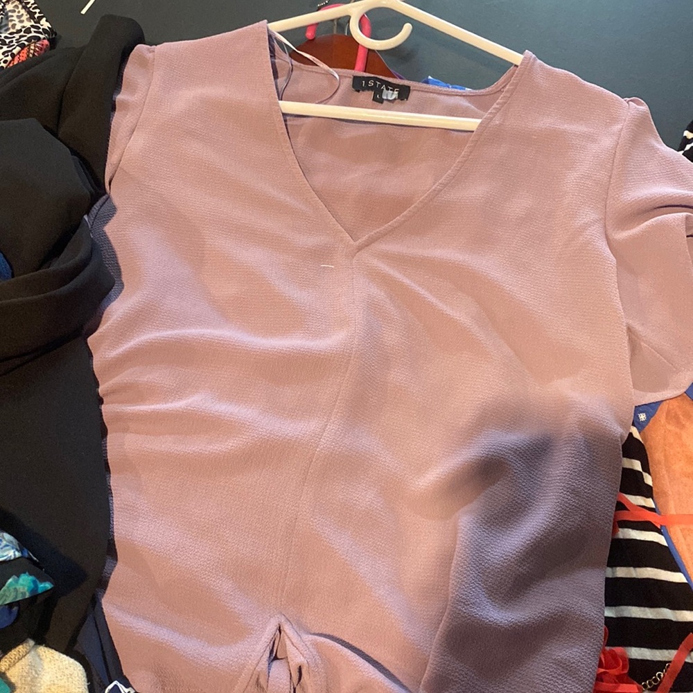 V neck plum blouse with tie bottom